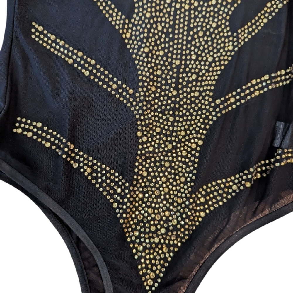 Sexy Gold Rhinestone Sheer Black Long Sleeve Bodysuit Sz S - Picture 5 of 8